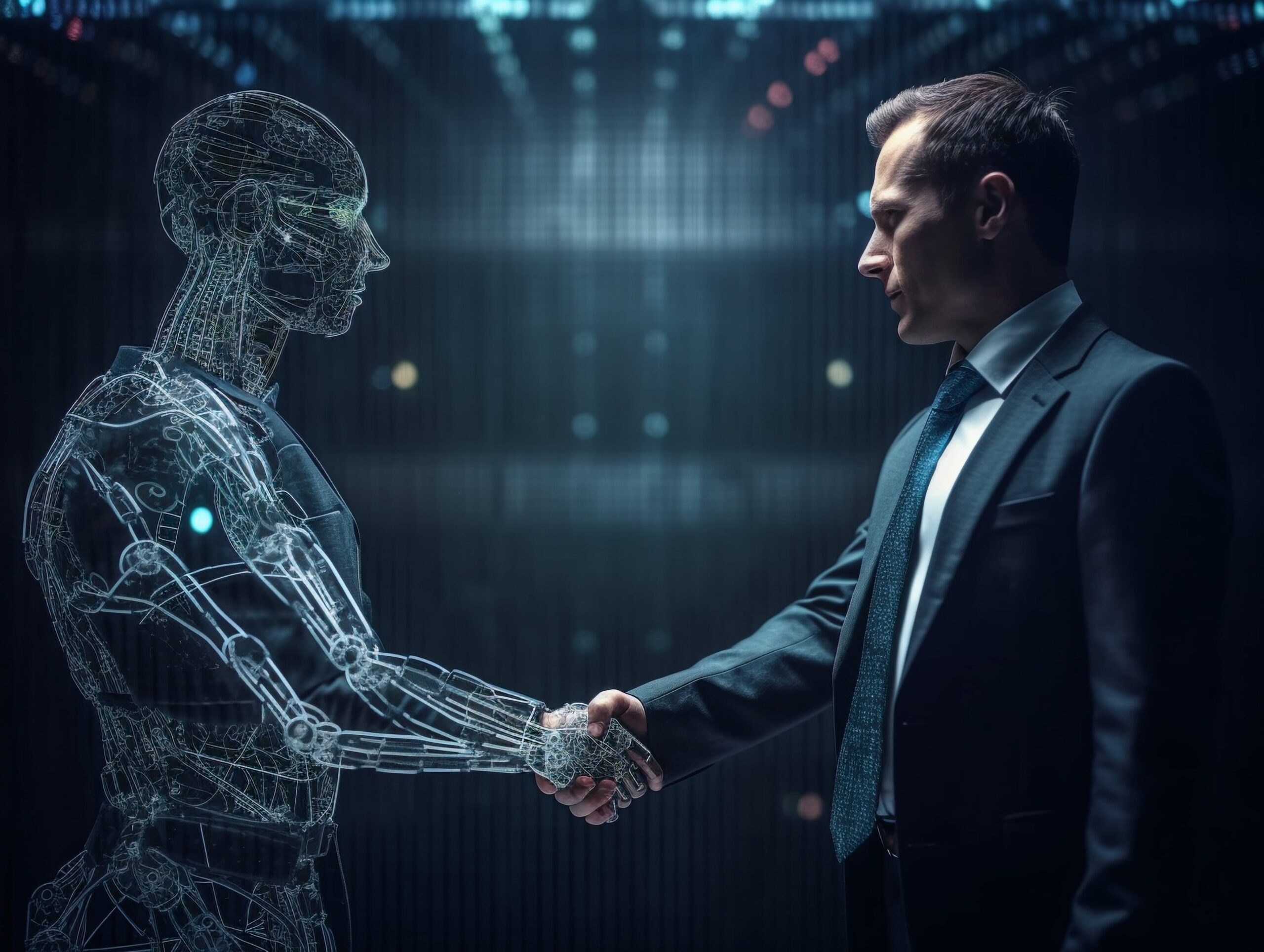 Businessman handshaking a AI robots hand. Making a business deal. Generative AI.