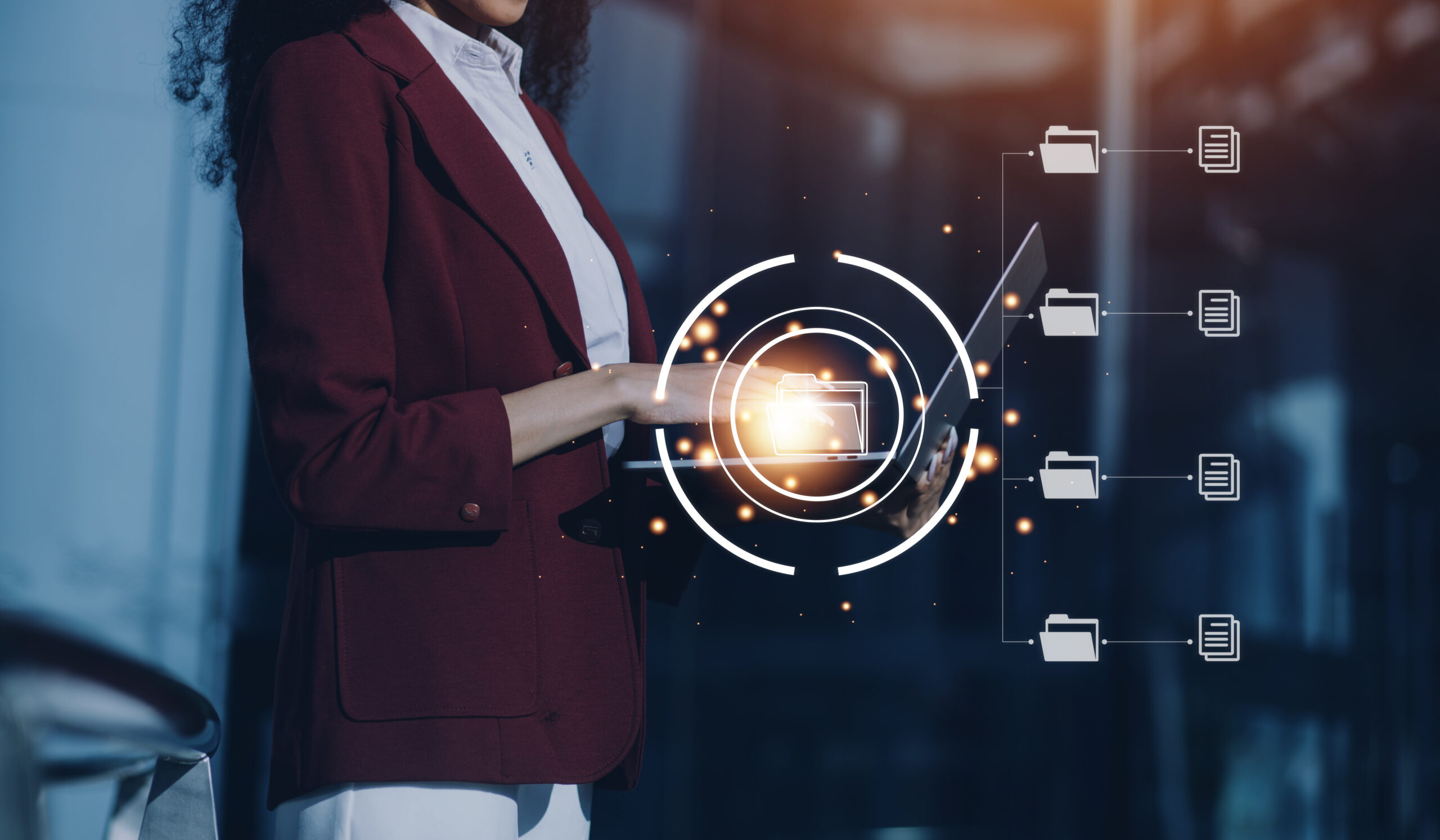 Document Management System (DMS), online documentation database and process automation to efficiently manage files, knowledge and documentation in enterprise with ERP. Corporate business technology.